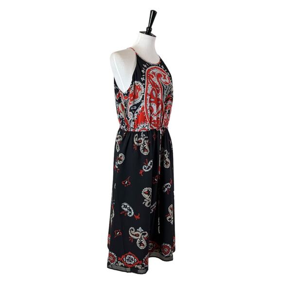 LOFT Midi Dress Halter Neck Blouson Tie Waist Chiffon Black Red Women’s Large - Picture 2 of 10